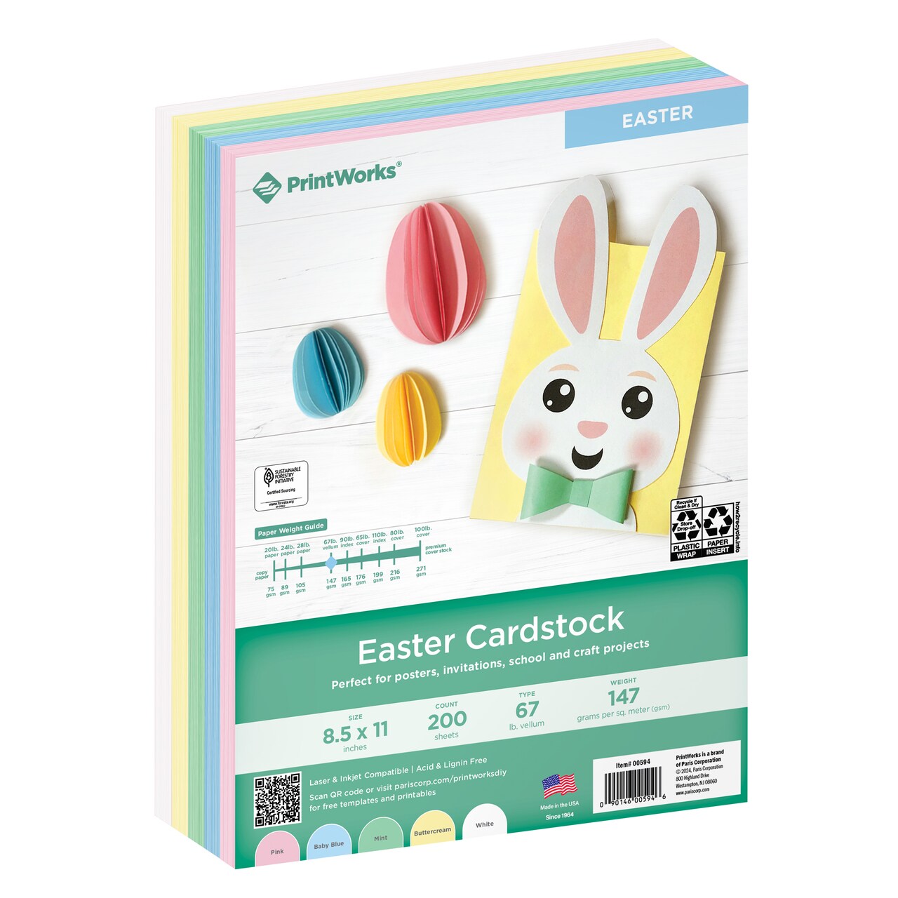 Printworks Easter Cardstock, 200 Sheets, 67lb Heavyweight Cardstock, Includes Pastel Pink, Green, Yellow, Blue, and White Cardstock, 8.5" x 11" (00594)